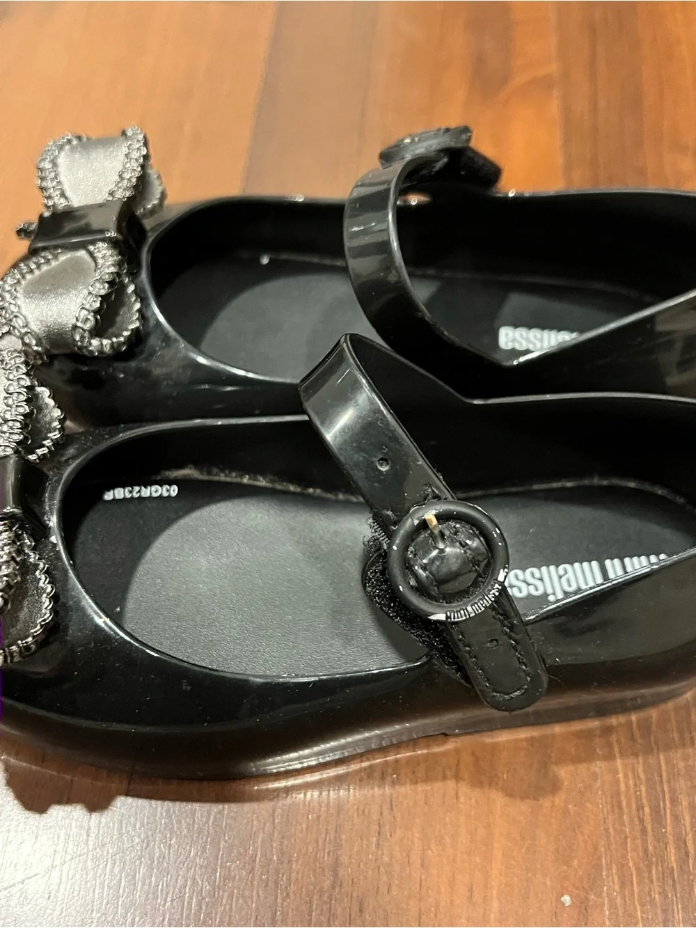 Mini Melissa Black Mary Jane Flats with Rhinestone Bow
